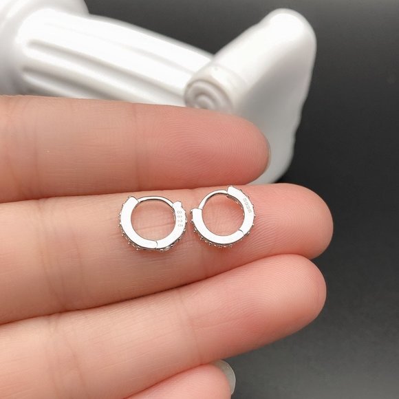 Solid silver hoop huggies earrings-SH002 Silver 10mm - Picture 1 of 8